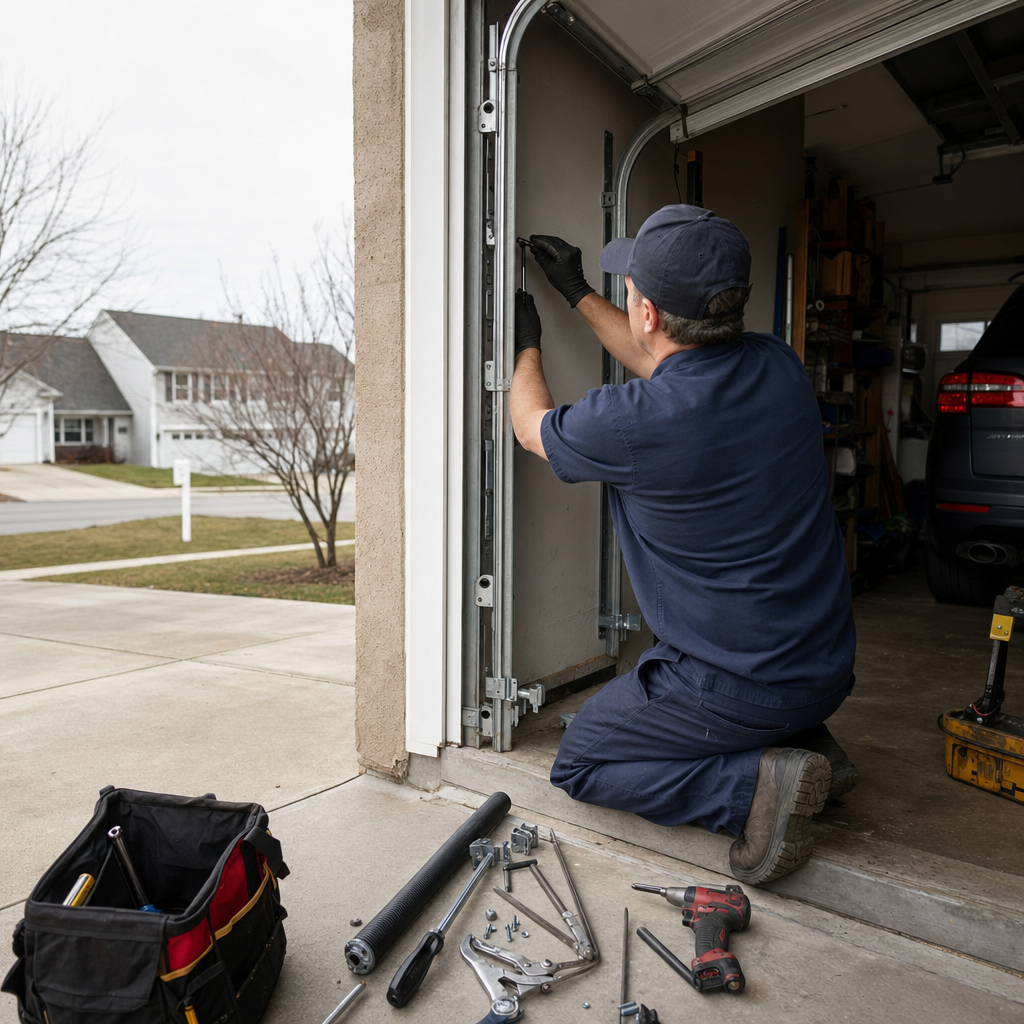 Technician performing professional emergency garage door repair services in Reading, PA
