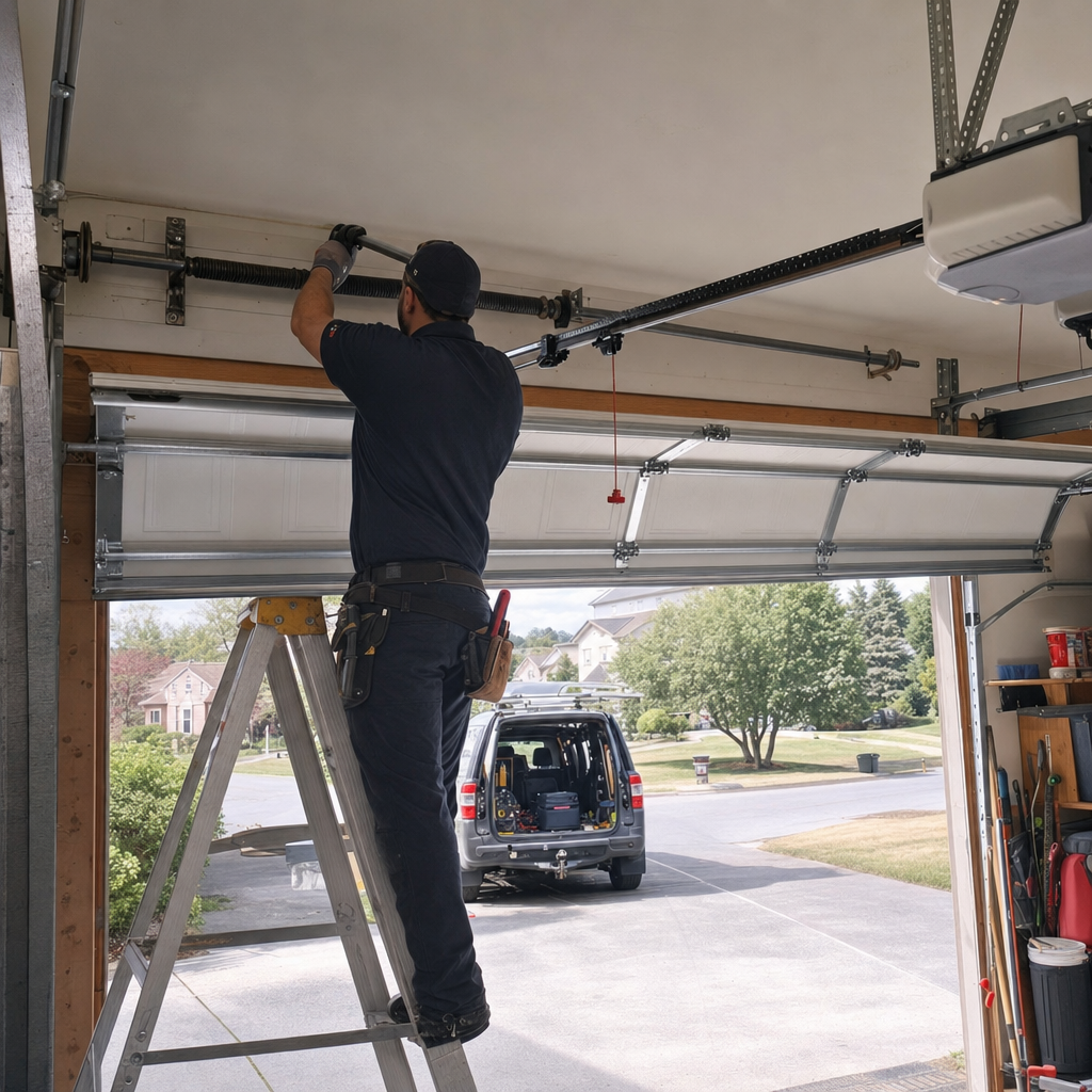 Technician performing emergency garage door spring repair on a ladder in Reading, PA