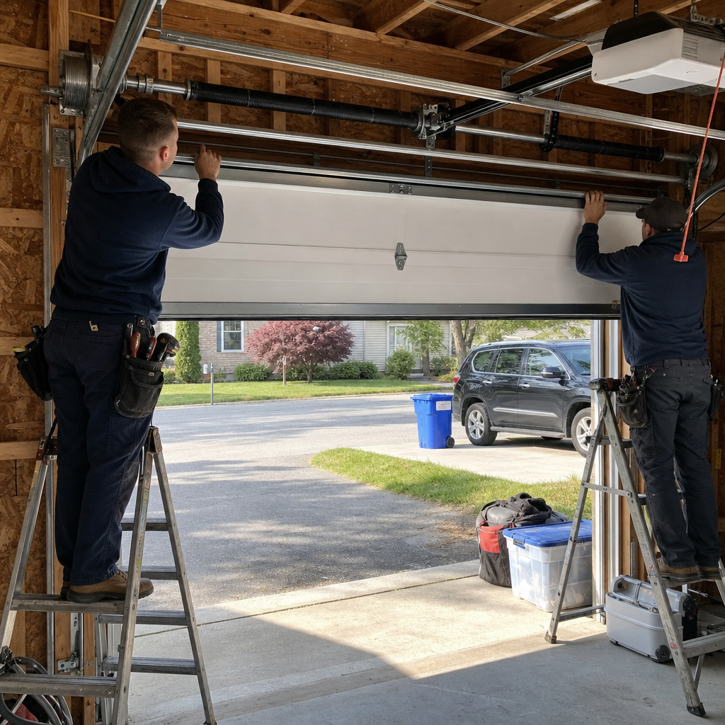Two professional technicians performing a residential garage door installation