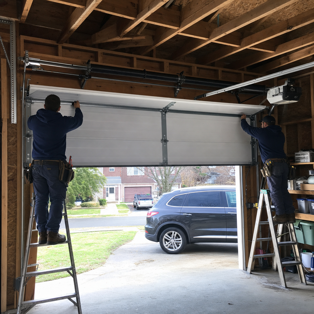 Two professional technicians performing a residential garage door installation.