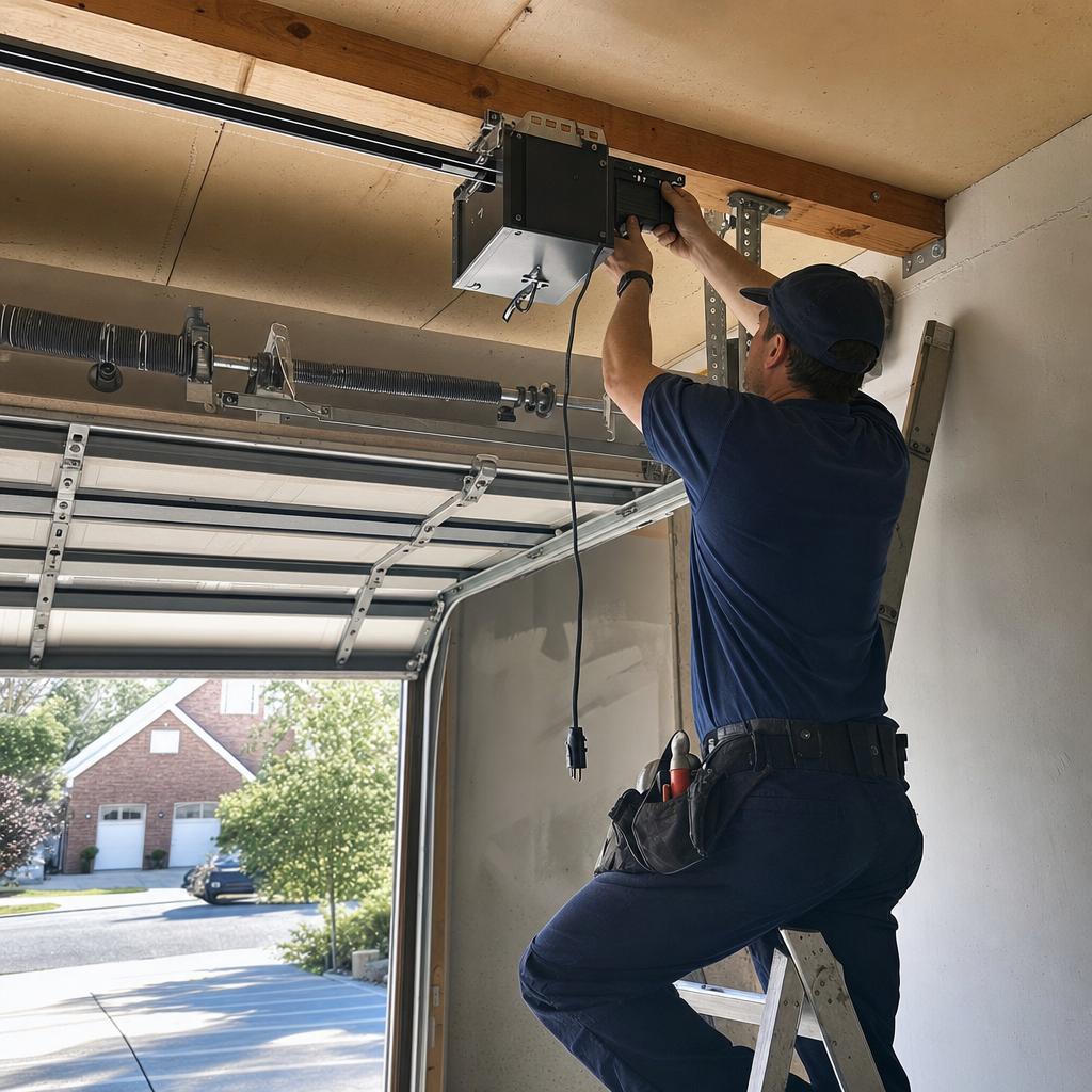 Technician performing professional garage door opener installation and maintenance