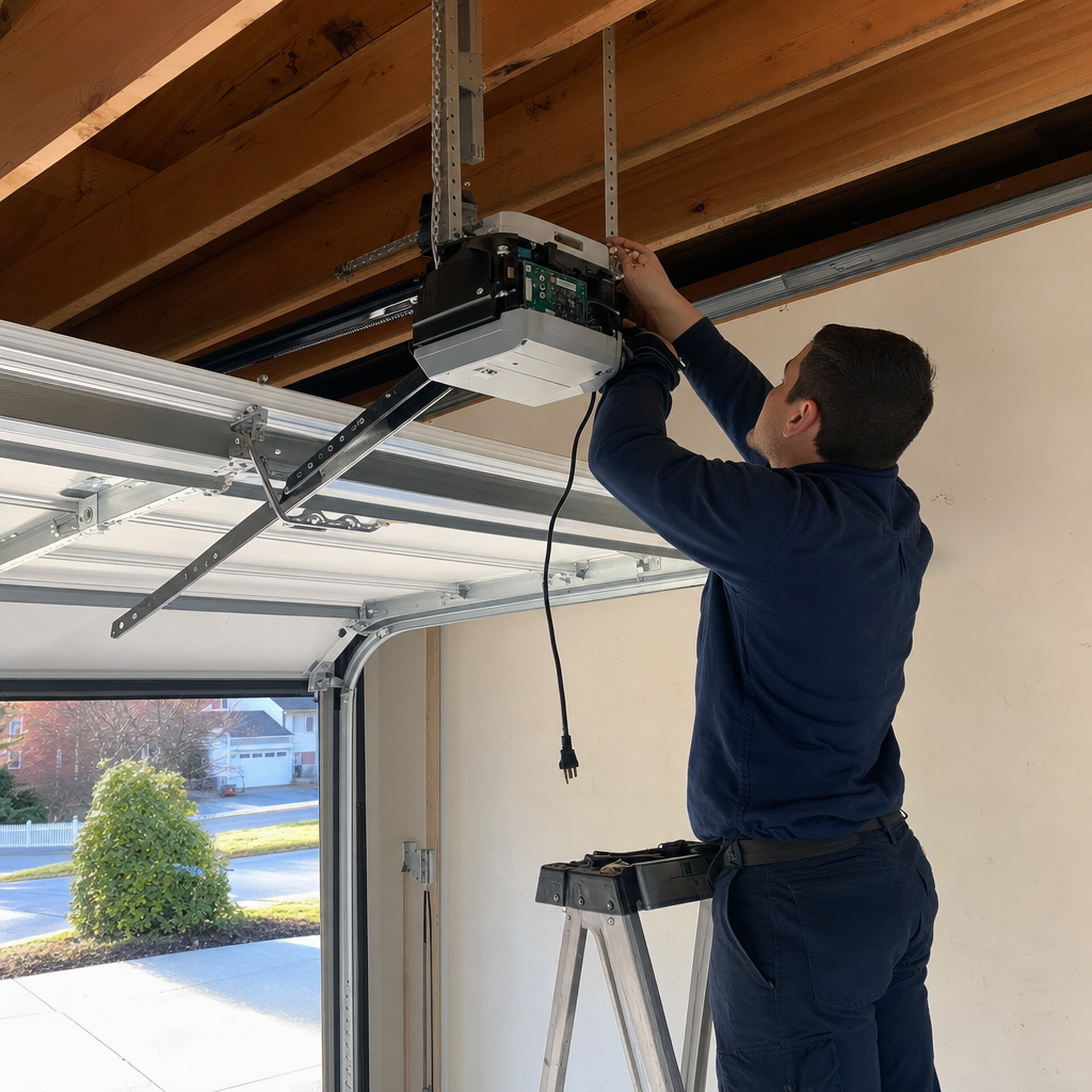 Technician performing professional garage door opener installation and repair