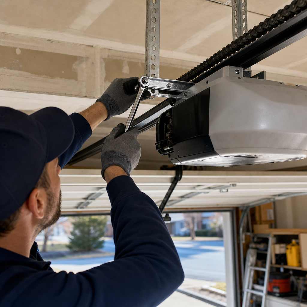 Technician using a wrench to repair a garage door opener