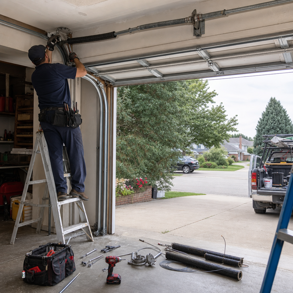 Technician performing professional garage door spring repair and maintenance in Reading, PA