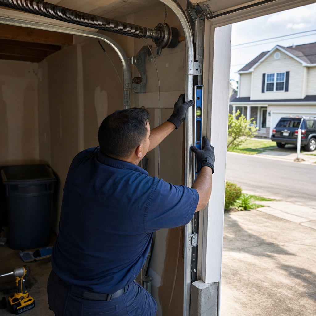 Technician using a level to repair a residential garage door track