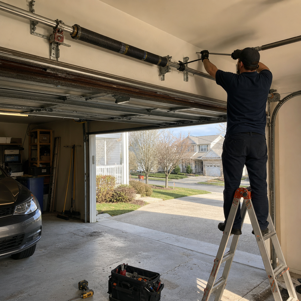 Technician performing professional garage door torsion spring repair