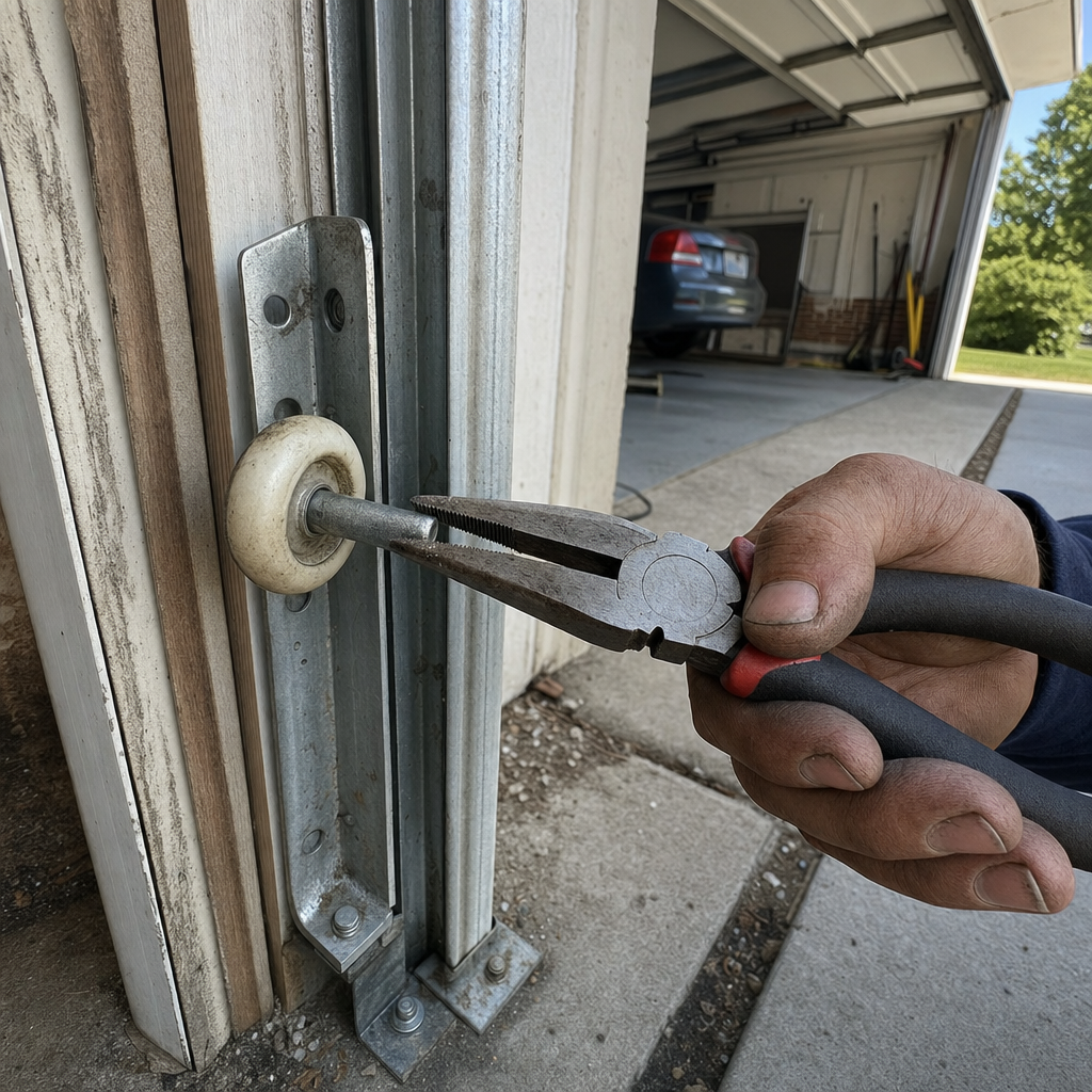 Technician performing professional garage door roller repair and maintenance.